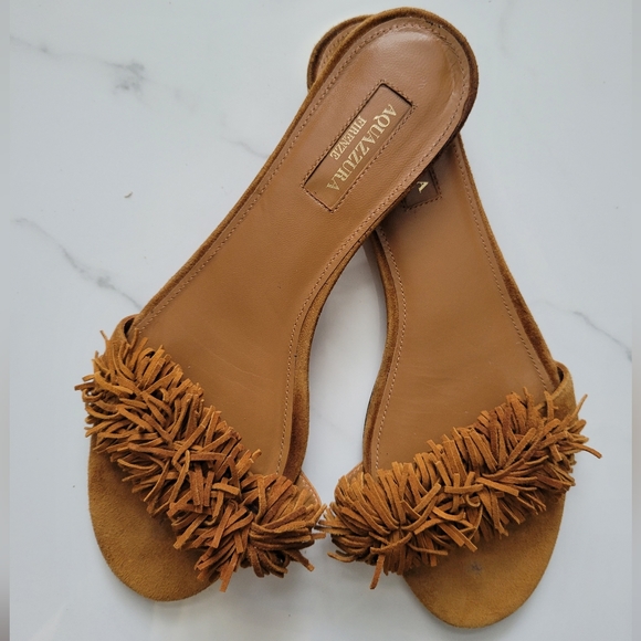Aquazzura Italy Wild Thing Suede Flats Luxury Slide Sandals Brown EU 37 - Picture 6 of 17